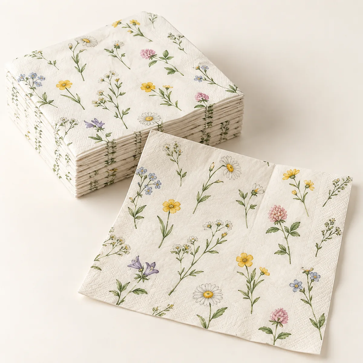 Meadow-print luncheon napkins — Paper napkins product concept / 田园花卉午餐餐巾，纸餐巾产品示意图